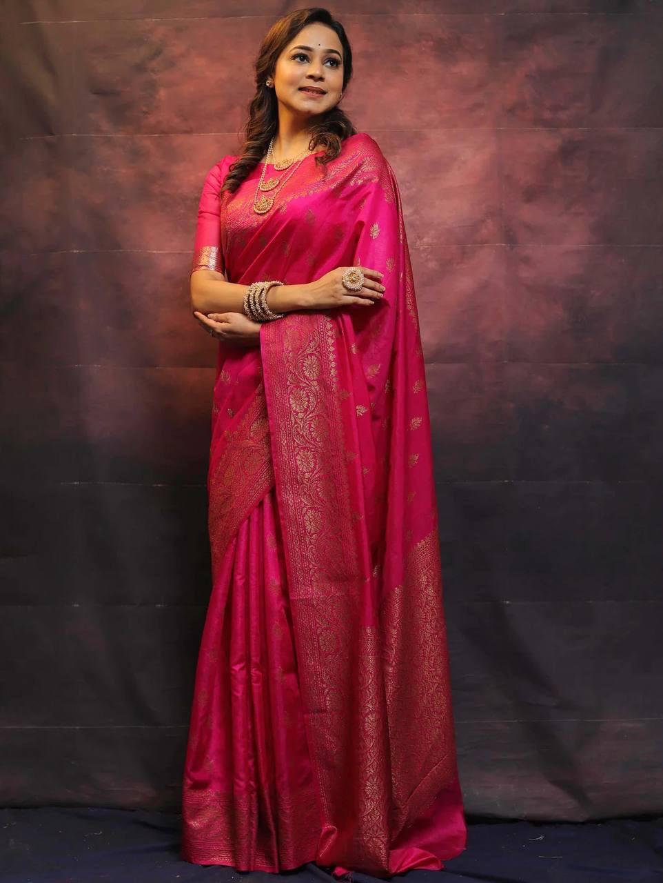 Quintessential Pink Soft Silk Saree With Divine Blouse Piece
