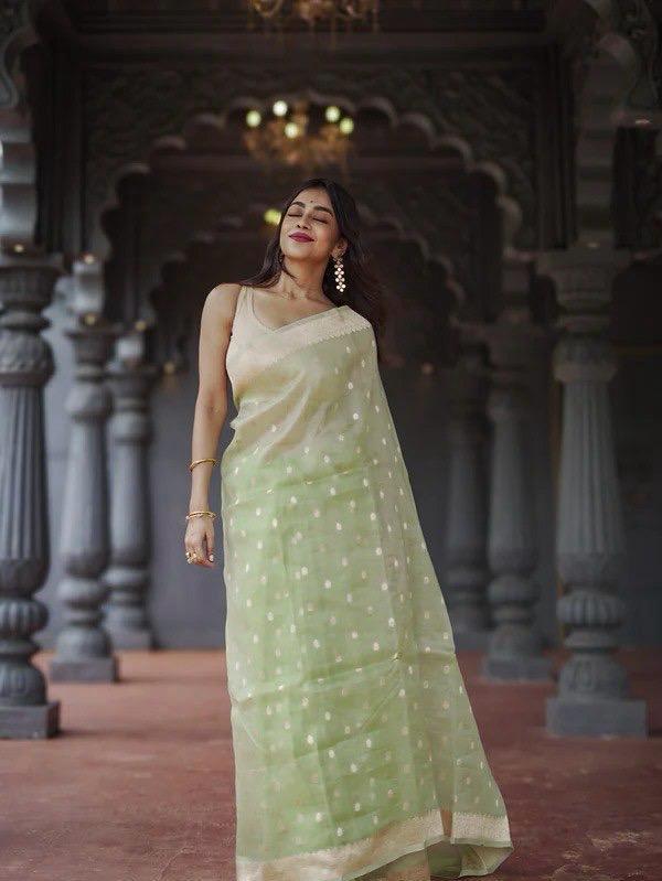 Nebula Pista Linen Silk Saree With Alluring Blouse Piece