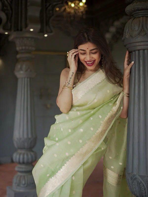 Nebula Pista Linen Silk Saree With Alluring Blouse Piece