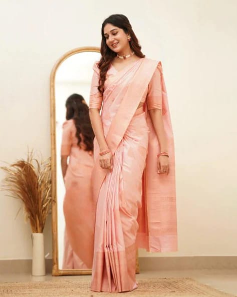 Exceptional Peach Soft Silk Saree With Desiring Blouse Piece