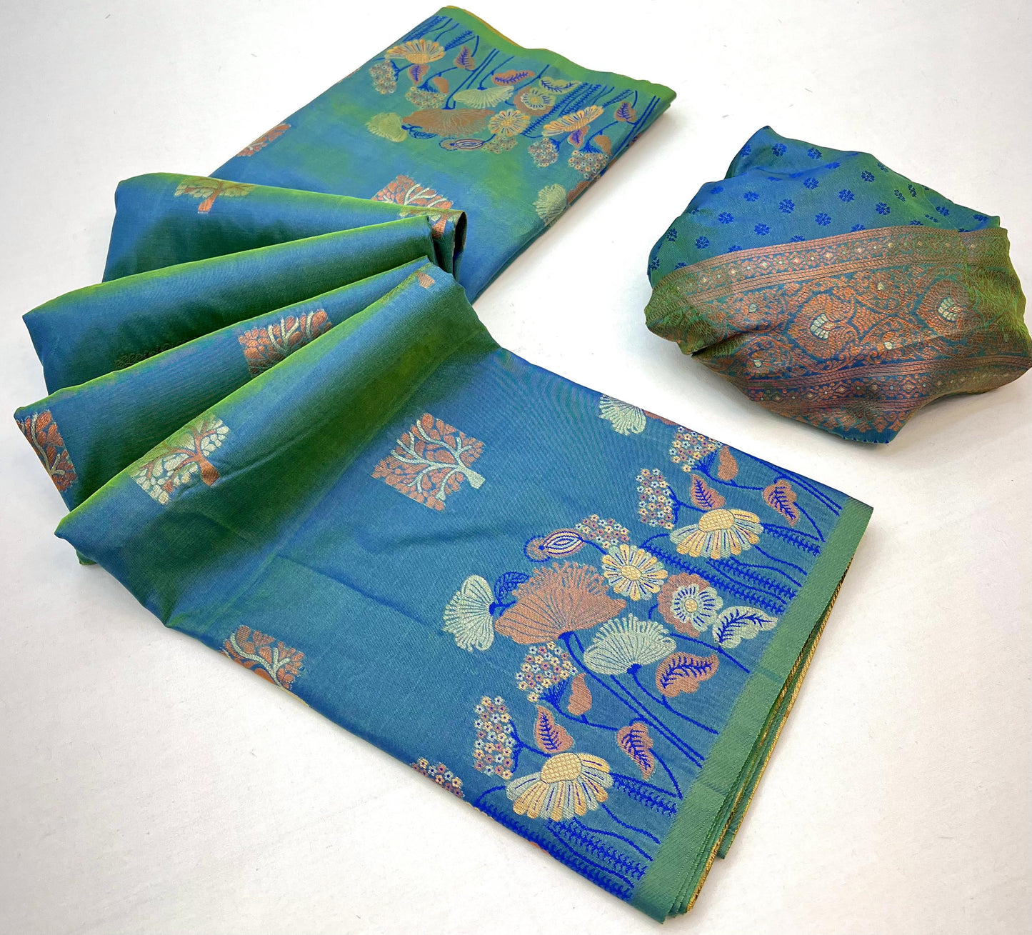 Unique Firozi Soft Banarasi Silk Saree With Stunning Blouse Piece