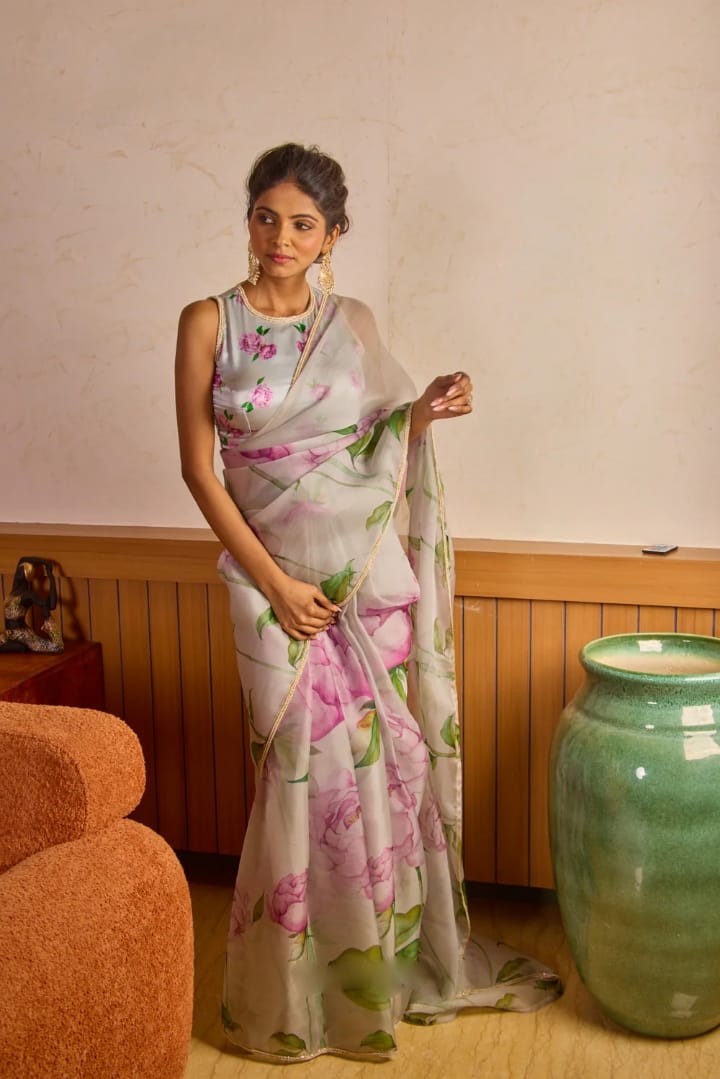 Glowing 1-Minute Ready To Wear Sky Organza Silk Saree