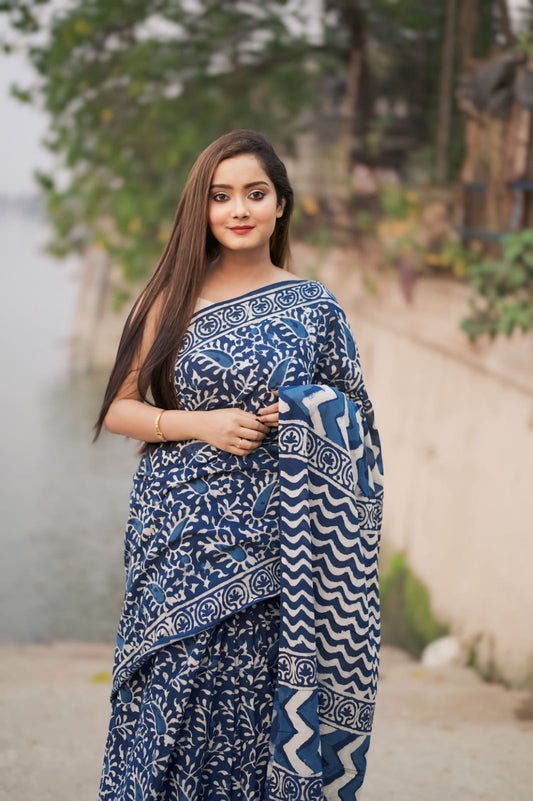 Ephemeral 1-Minute Ready To Wear Blue Cotton Saree