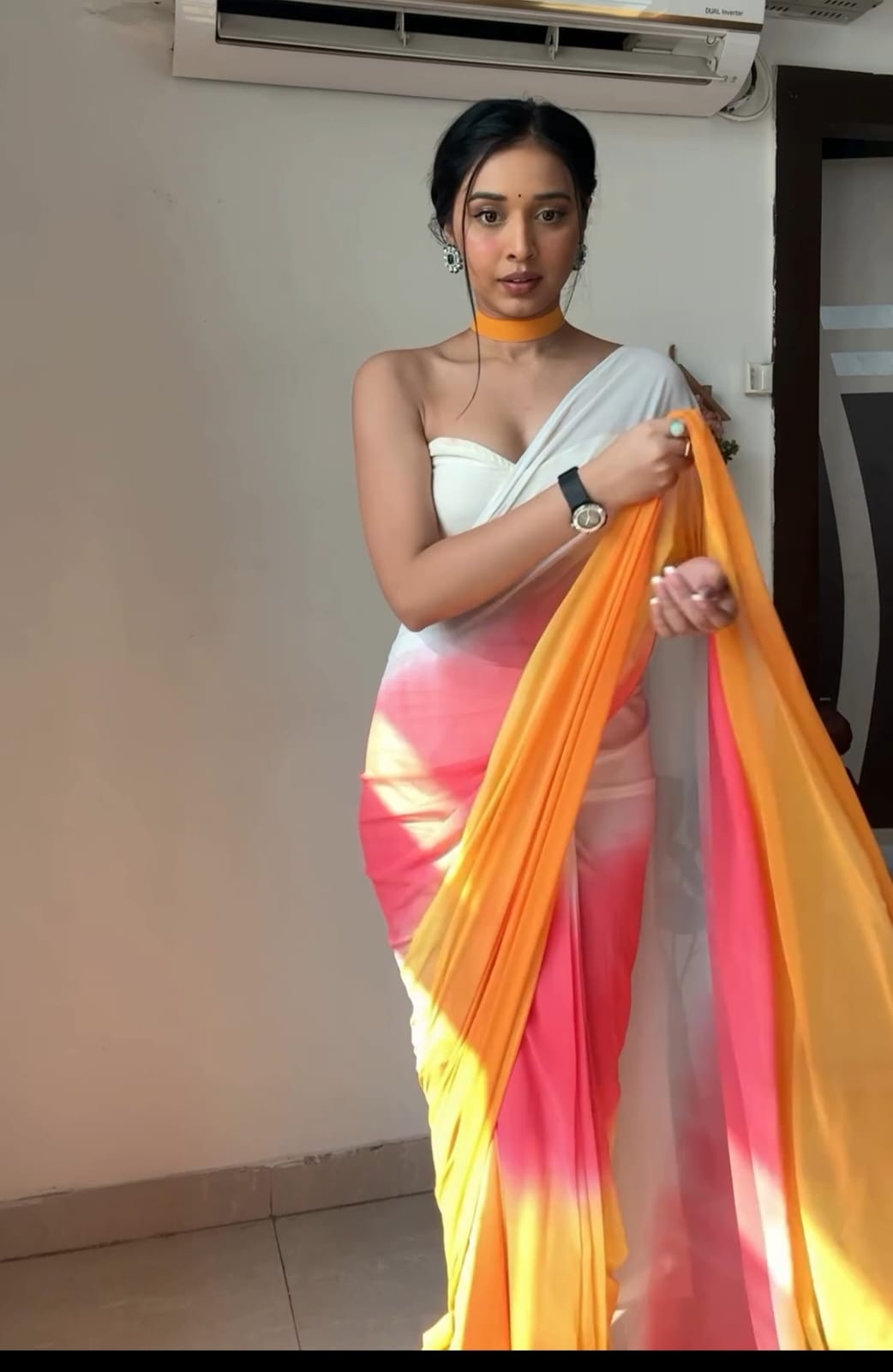 Luminous 1-Minute Ready To Wear Yellow and Pink Georgette Saree