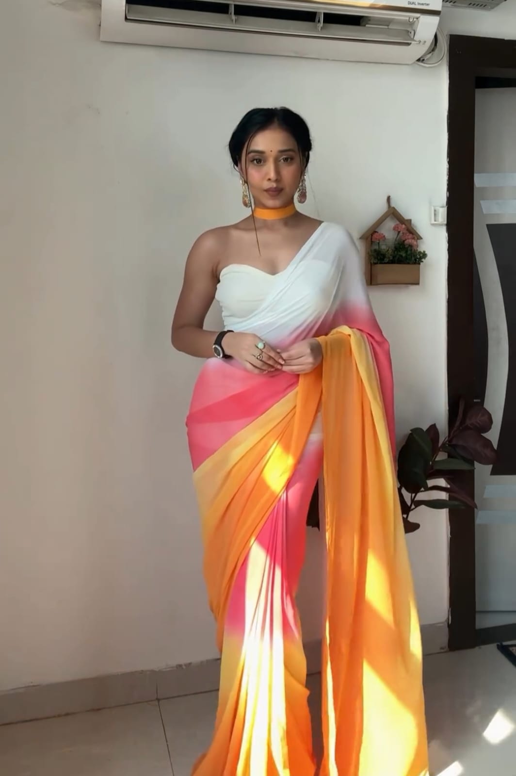 Luminous 1-Minute Ready To Wear Yellow and Pink Georgette Saree
